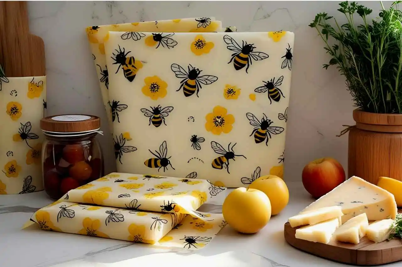 Reusable yellow beeswax food wraps with bee and flower designs used for storing cheese and apples, surrounded by herbs and a jar of preserved fruits